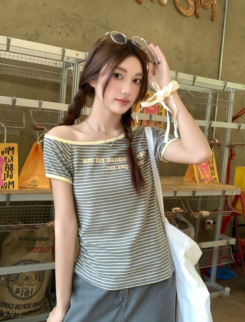 Summer slim T-shirt horizontal collar tops for women