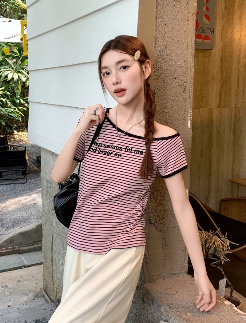 Summer slim T-shirt horizontal collar tops for women