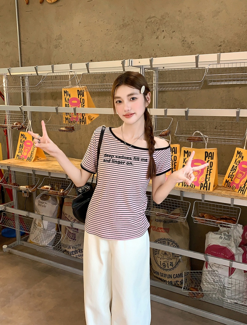 Summer slim T-shirt horizontal collar tops for women