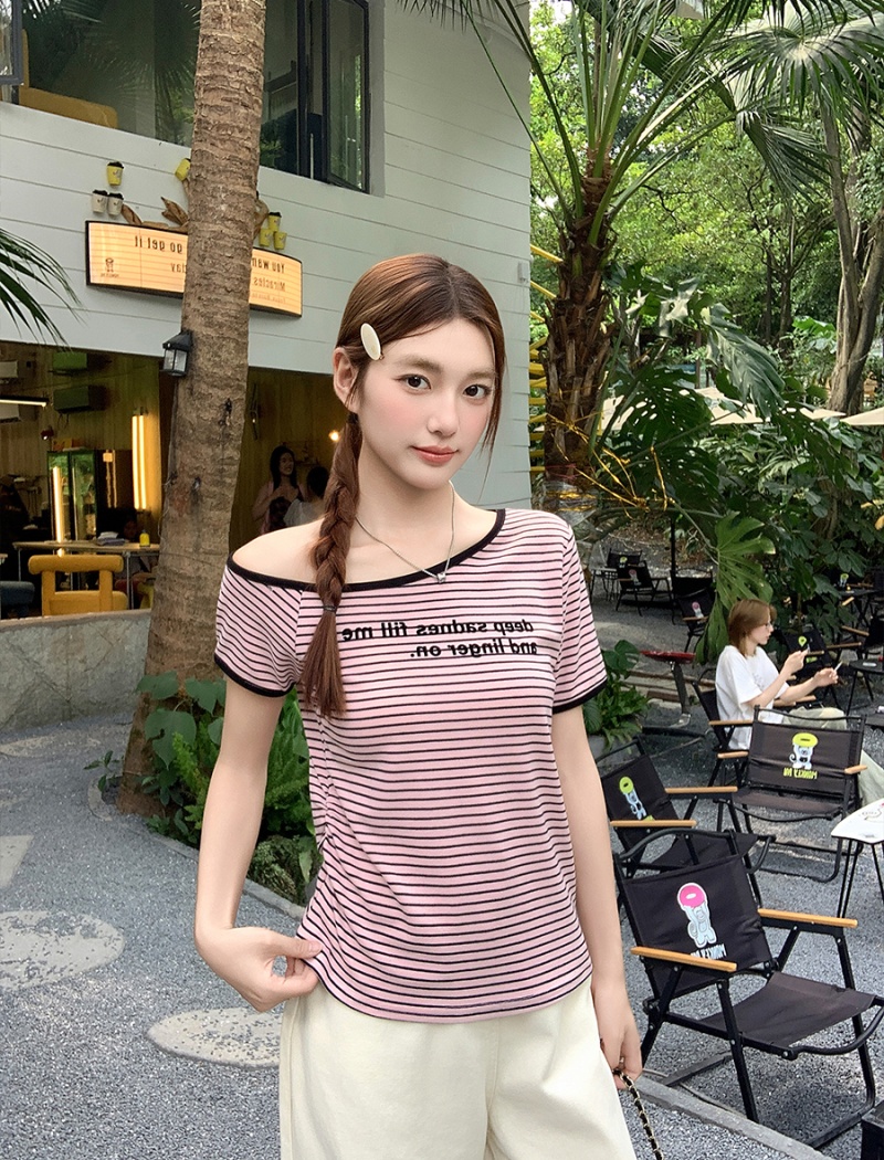 Summer slim T-shirt horizontal collar tops for women
