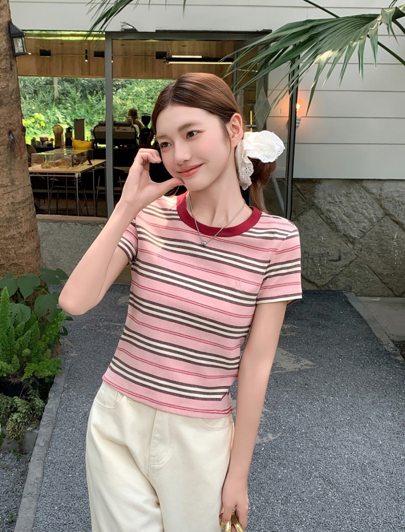 Short slim short sleeve tops summer stripe T-shirt