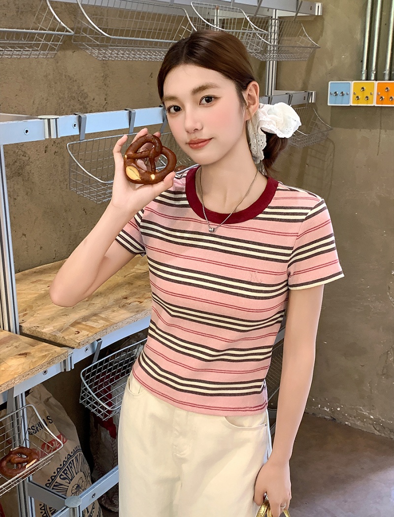Short slim short sleeve tops summer stripe T-shirt