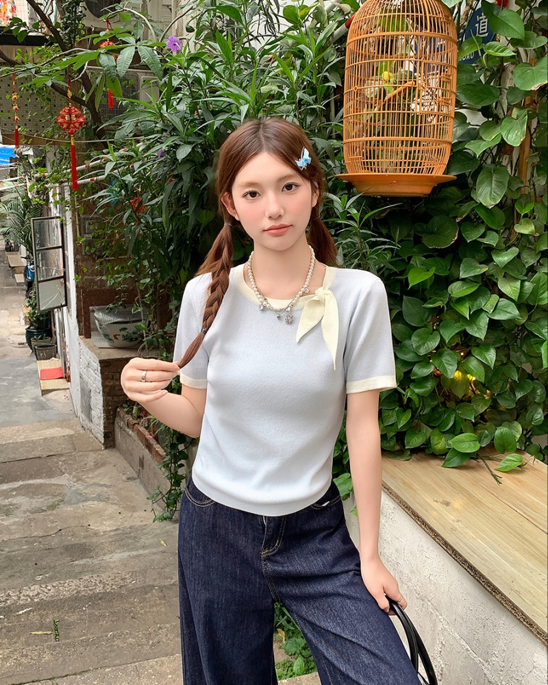 Short T-shirt butterfly collar tops for women