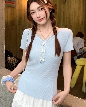 V-neck Pseudo-two short T-shirt short sleeve lace slim tops