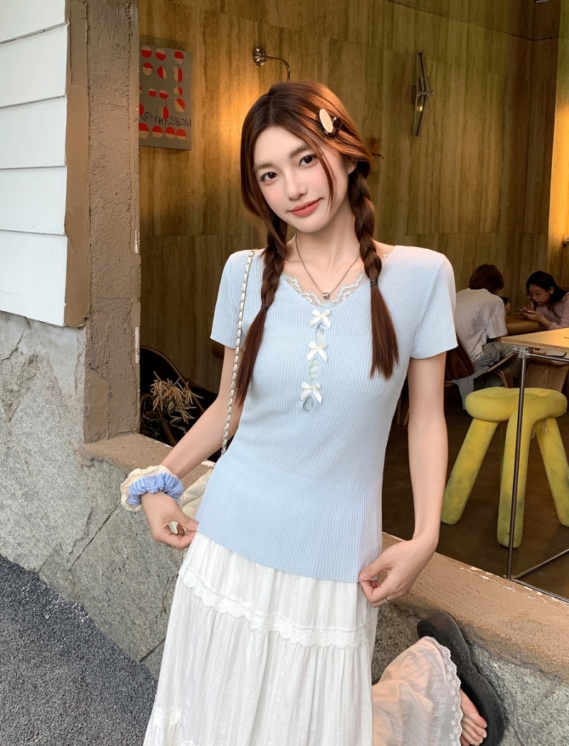 V-neck Pseudo-two short T-shirt short sleeve lace slim tops