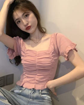 Retro fold clavicle short sleeve square collar wood ear sweater