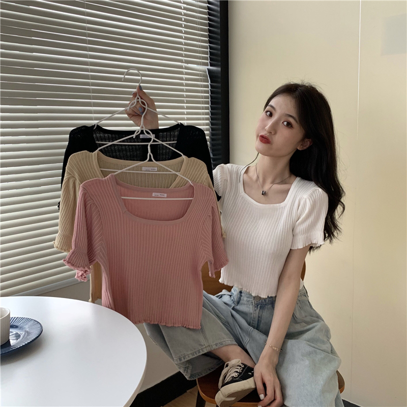 Lotus leaf edges wood ear sweater slim short tops for women
