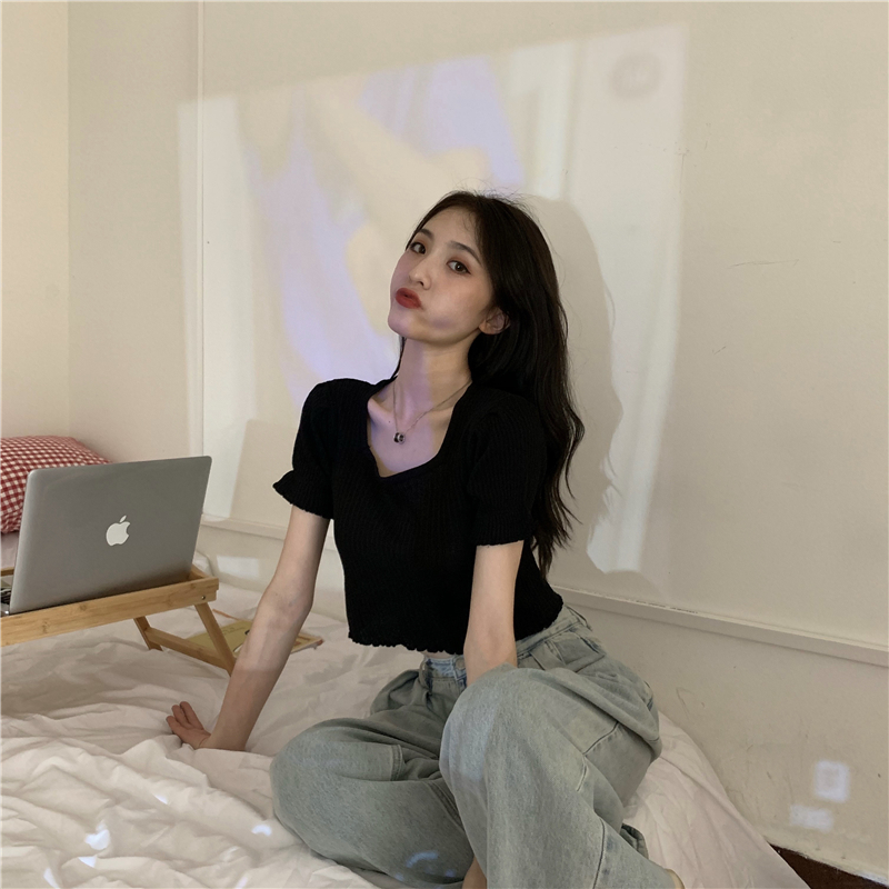 Lotus leaf edges wood ear sweater slim short tops for women