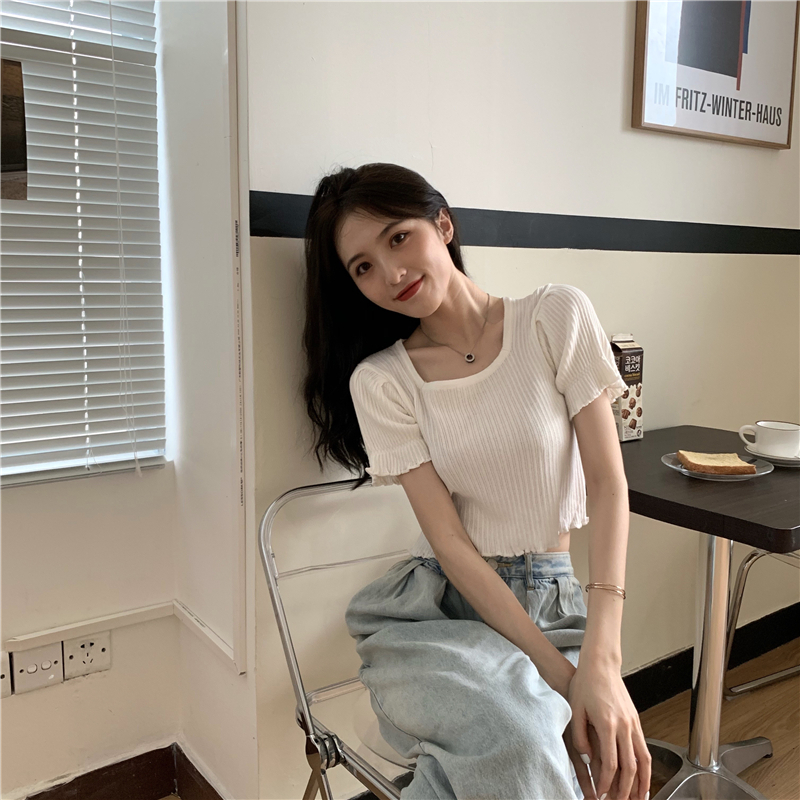 Lotus leaf edges wood ear sweater slim short tops for women