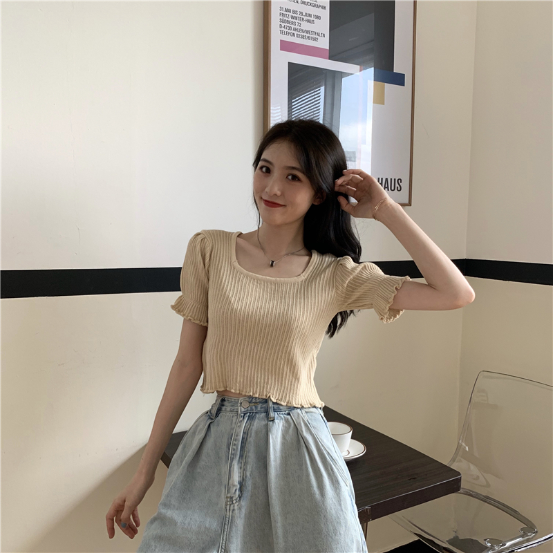 Lotus leaf edges wood ear sweater slim short tops for women