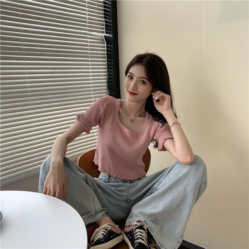 Lotus leaf edges wood ear sweater slim short tops for women