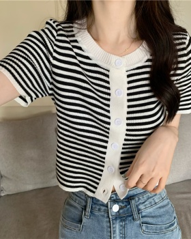 Summer knitted cardigan round neck stripe tops for women