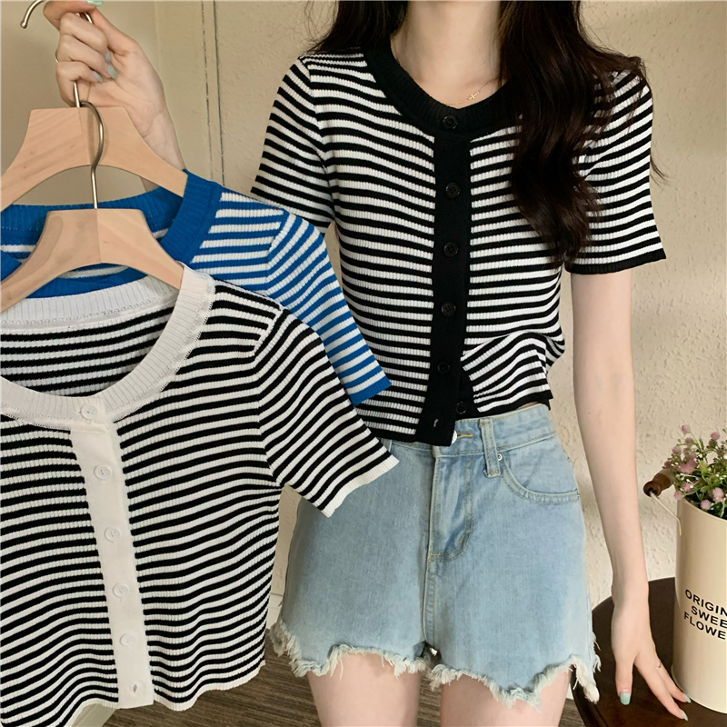 Summer knitted cardigan round neck stripe tops for women