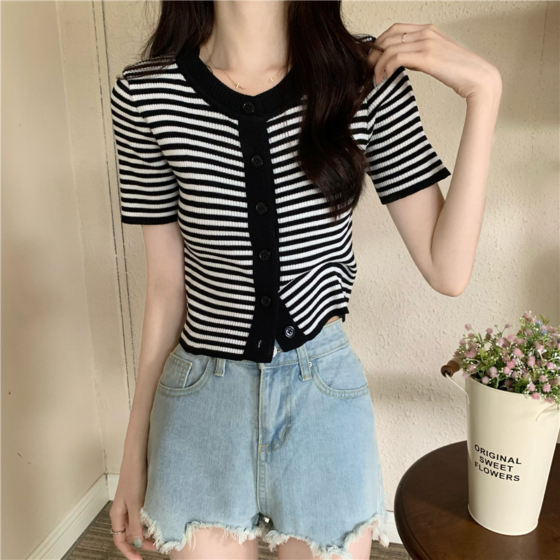 Summer knitted cardigan round neck stripe tops for women