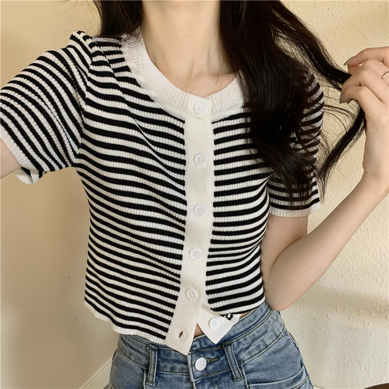 Summer knitted cardigan round neck stripe tops for women