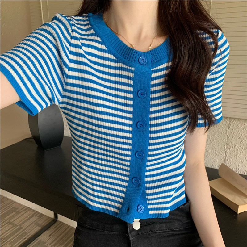 Summer knitted cardigan round neck stripe tops for women