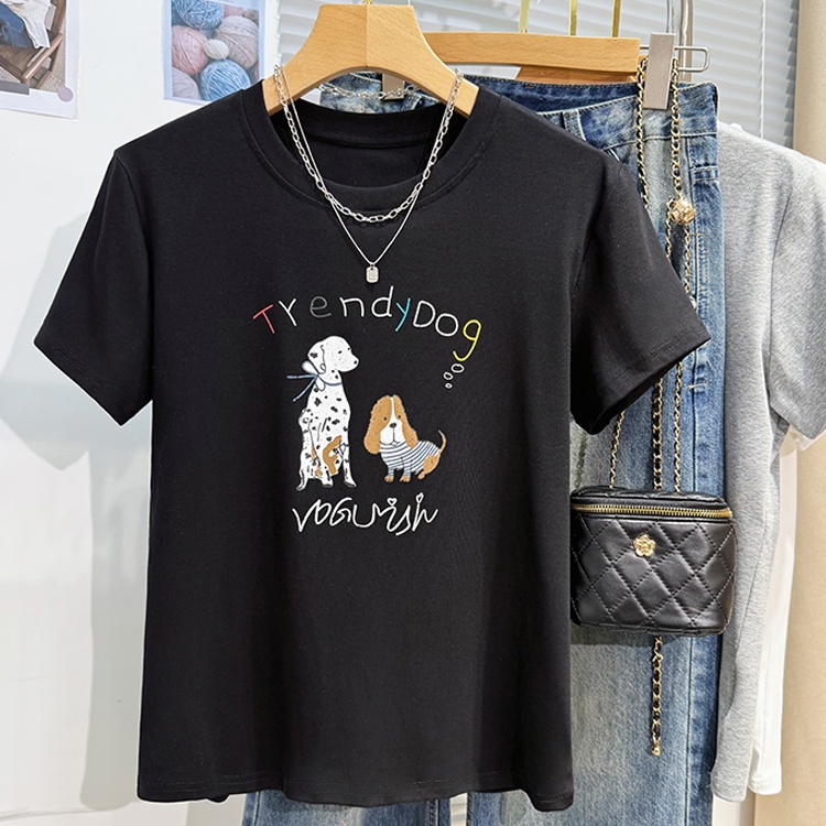 Round neck printing slim tops all-match Casual T-shirt