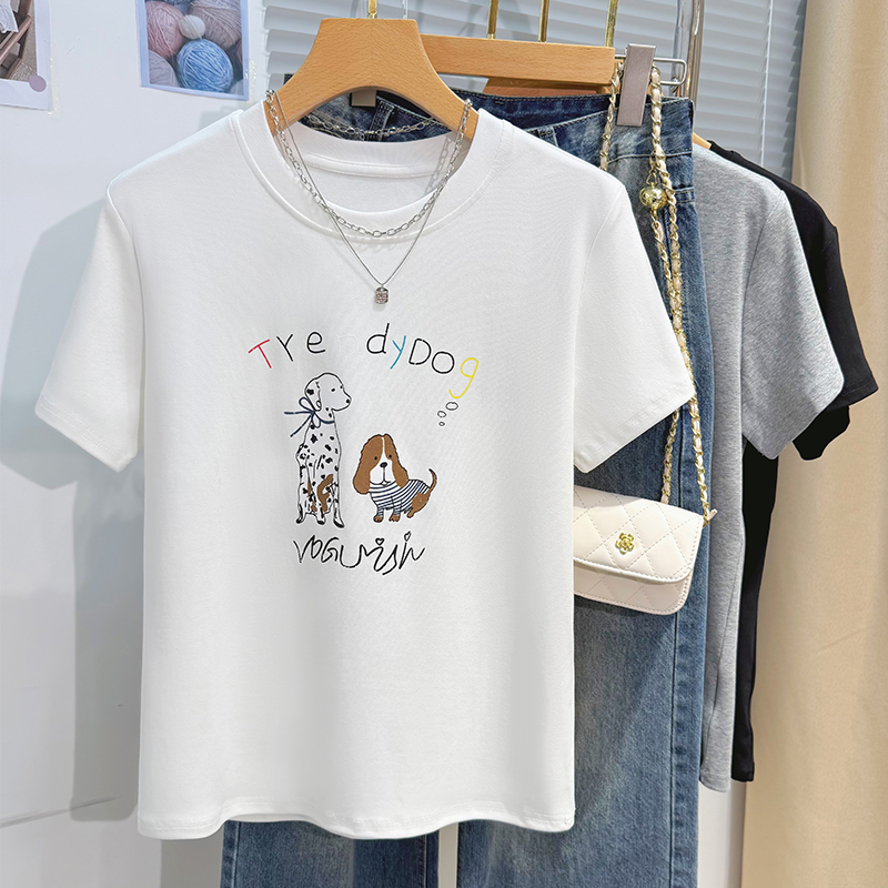 Round neck printing slim tops all-match Casual T-shirt