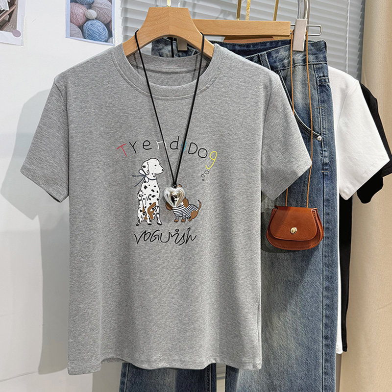 Round neck printing slim tops all-match Casual T-shirt