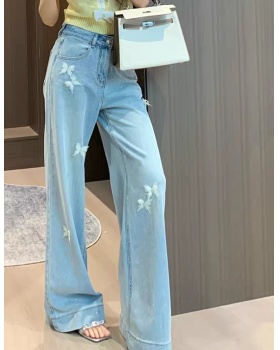Straight summer long pants rhinestone jeans for women
