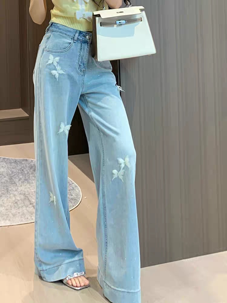 Straight summer long pants rhinestone jeans for women
