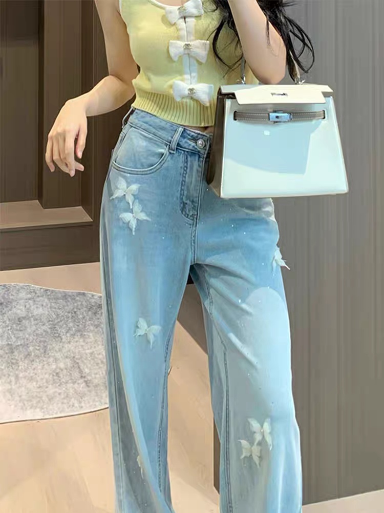 Straight summer long pants rhinestone jeans for women