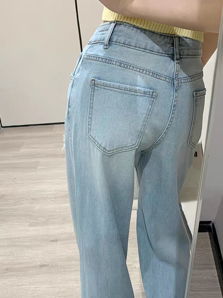 Straight summer long pants rhinestone jeans for women