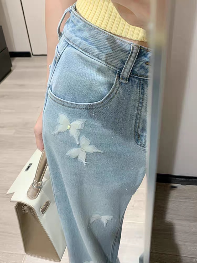 Straight summer long pants rhinestone jeans for women