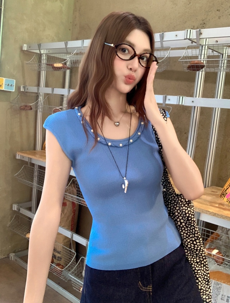 Sleeveless sweet tops France style slim T-shirt for women