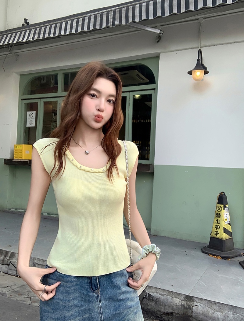 Sleeveless sweet tops France style slim T-shirt for women