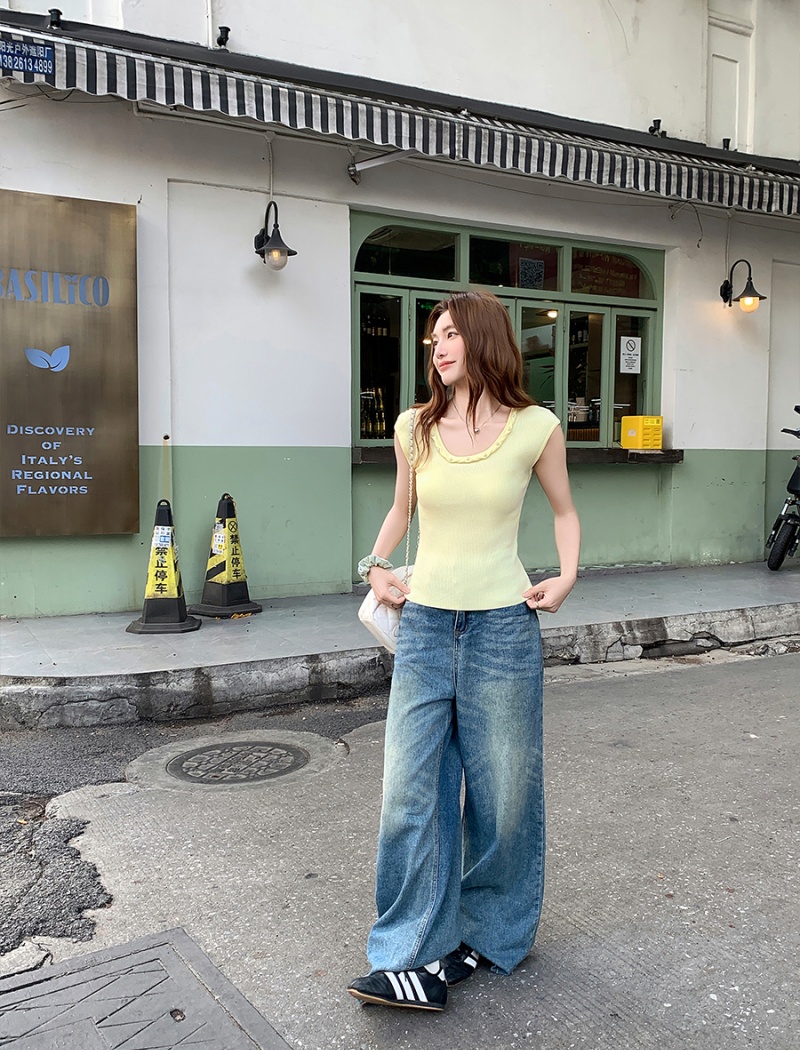 Sleeveless sweet tops France style slim T-shirt for women