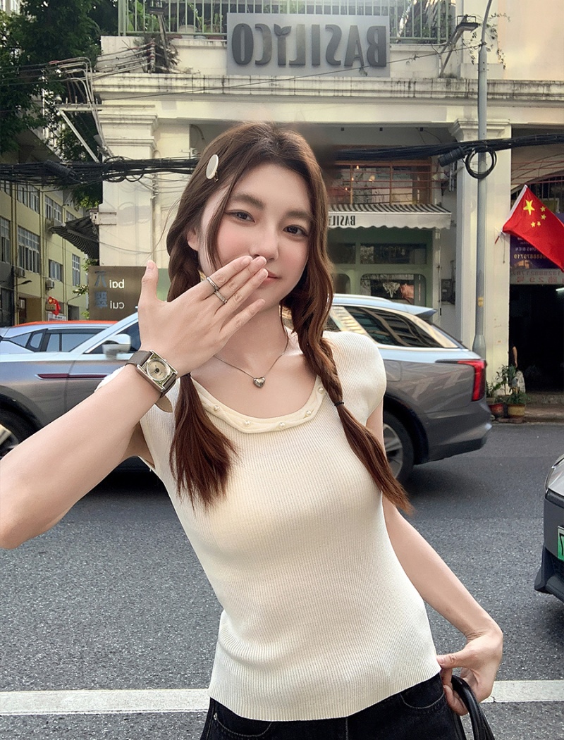 Sleeveless sweet tops France style slim T-shirt for women