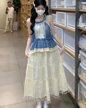 Sleeveless blue vest summer cotton linen skirt 2pcs set