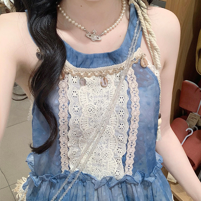 Sleeveless blue vest summer cotton linen skirt 2pcs set