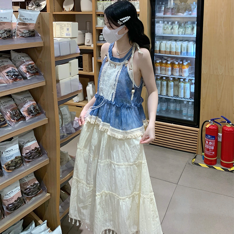 Sleeveless blue vest summer cotton linen skirt 2pcs set