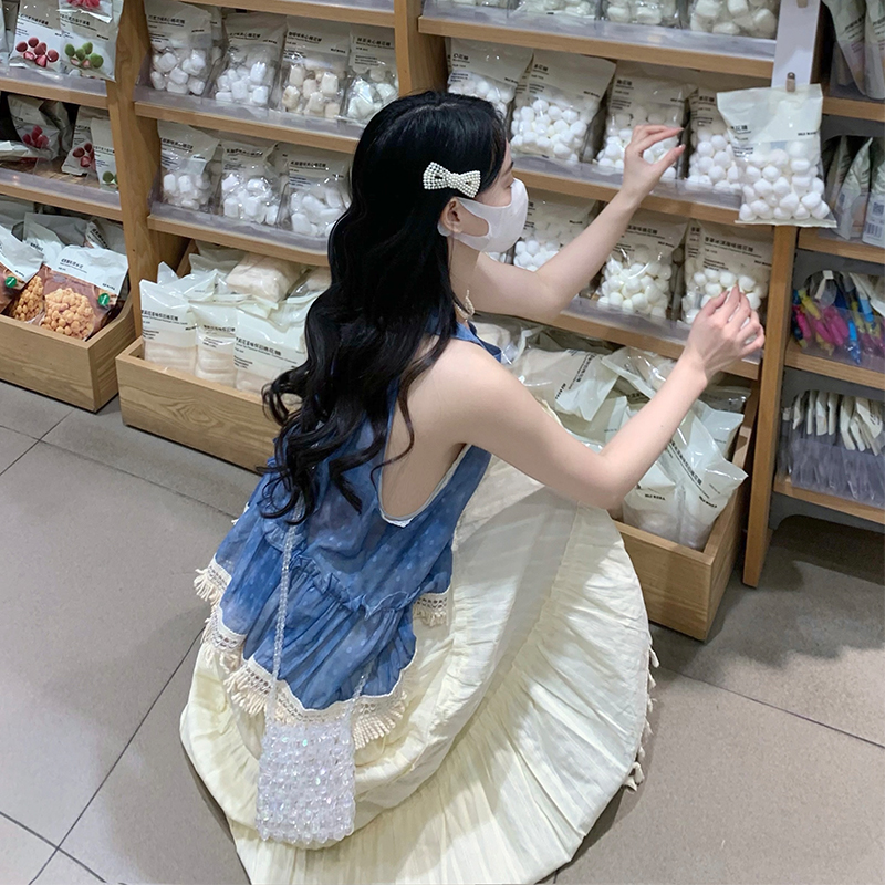 Sleeveless blue vest summer cotton linen skirt 2pcs set