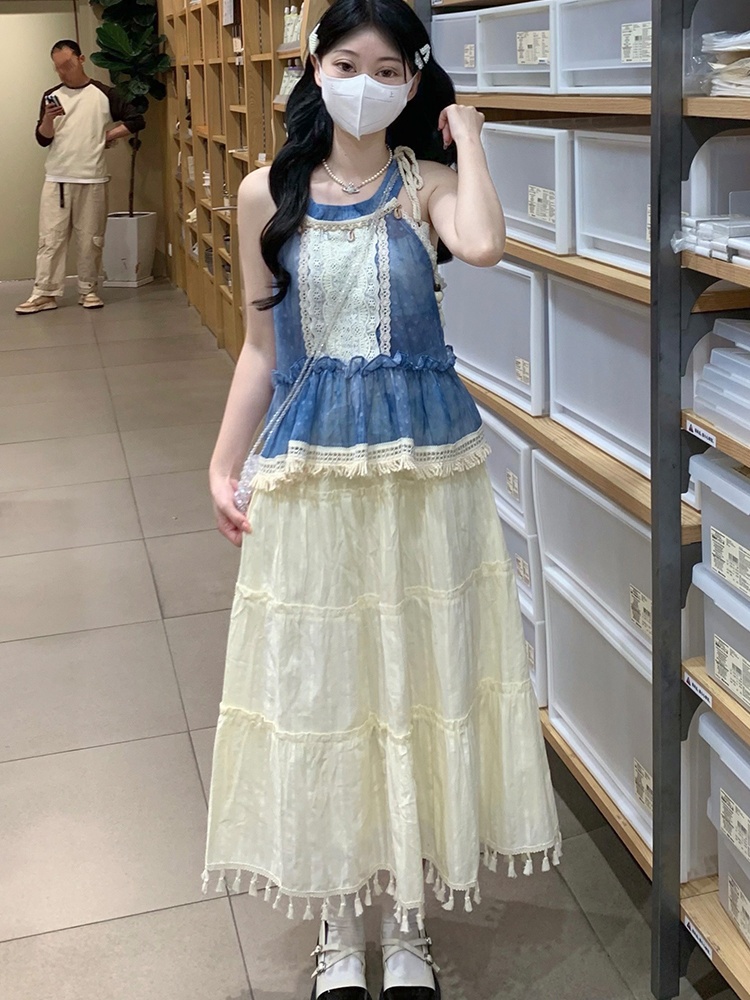 Sleeveless blue vest summer cotton linen skirt 2pcs set