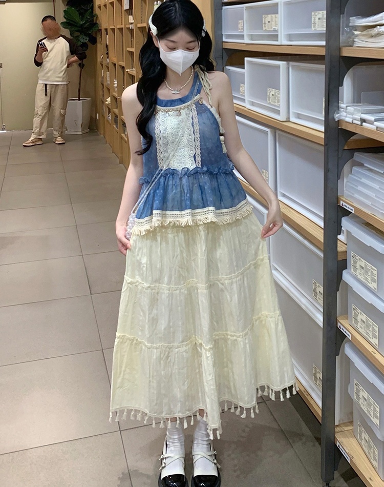 Sleeveless blue vest summer cotton linen skirt 2pcs set