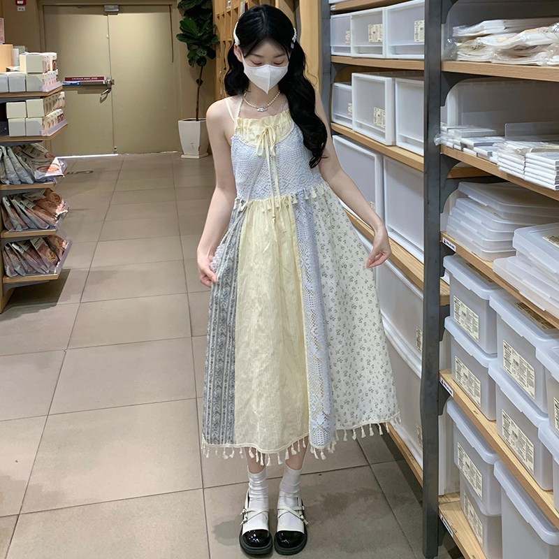 Pinched waist dress sweet strap dress a set for women