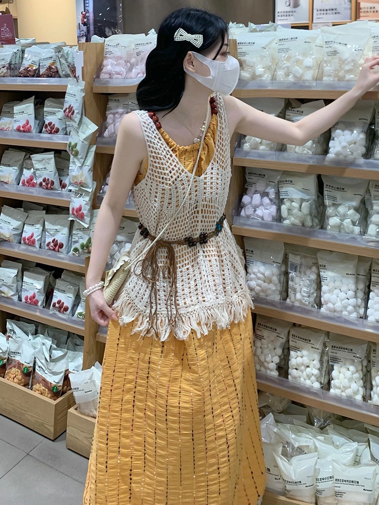Sling beautiful vest sweet long dress 2pcs set