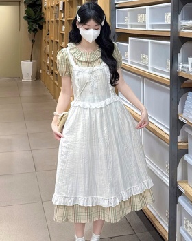 Unique plaid show young sweet gauze dress 2pcs set