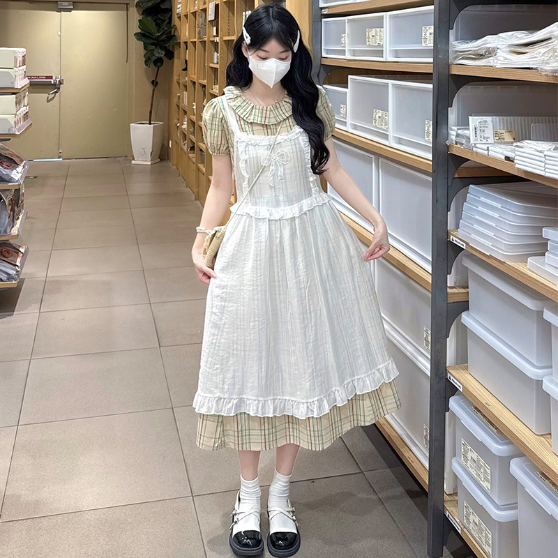 Unique plaid show young sweet gauze dress 2pcs set