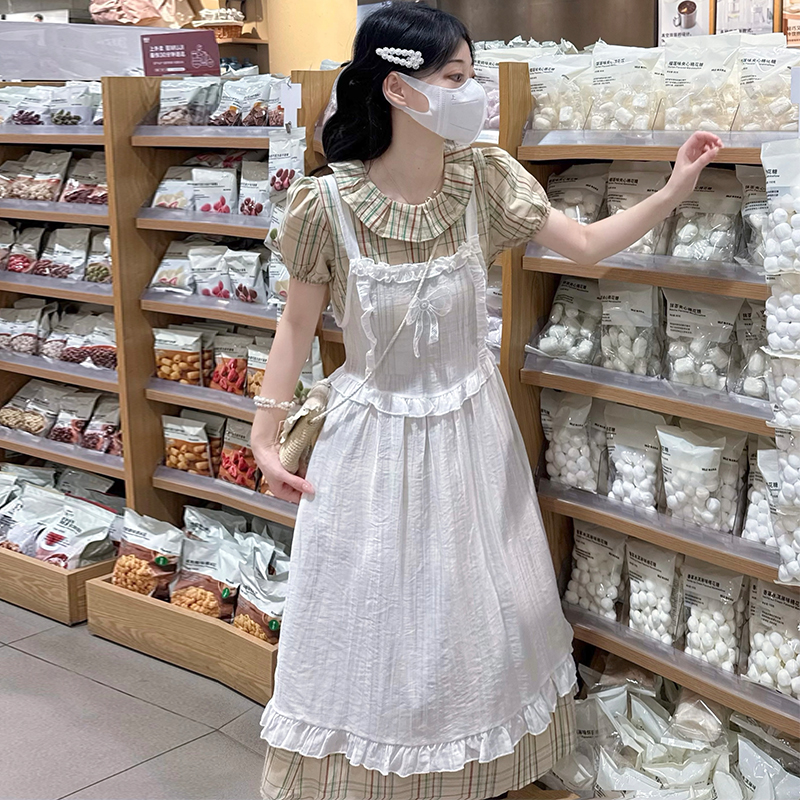 Unique plaid show young sweet gauze dress 2pcs set