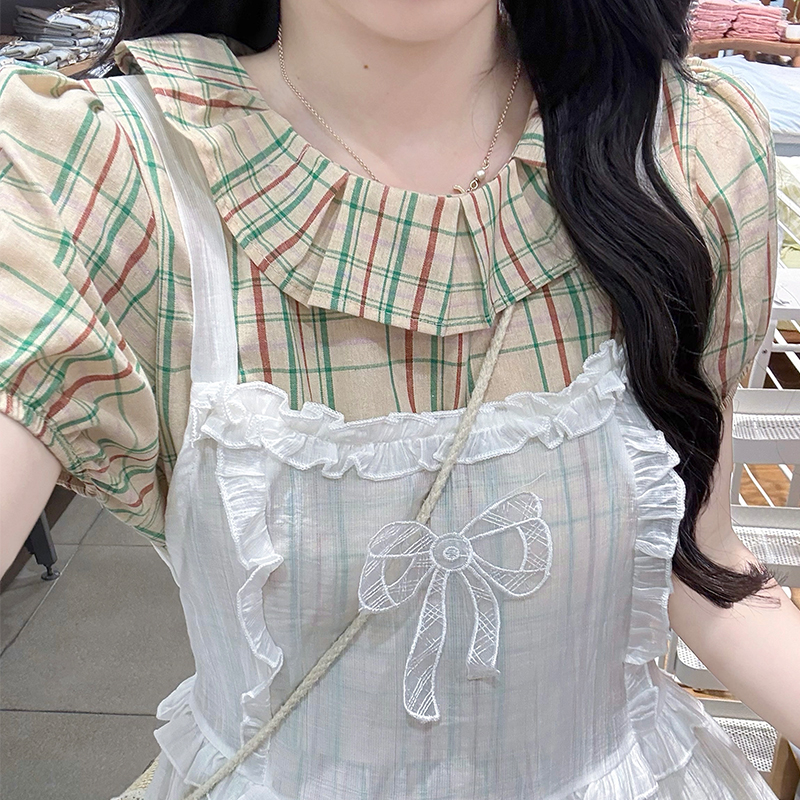 Unique plaid show young sweet gauze dress 2pcs set