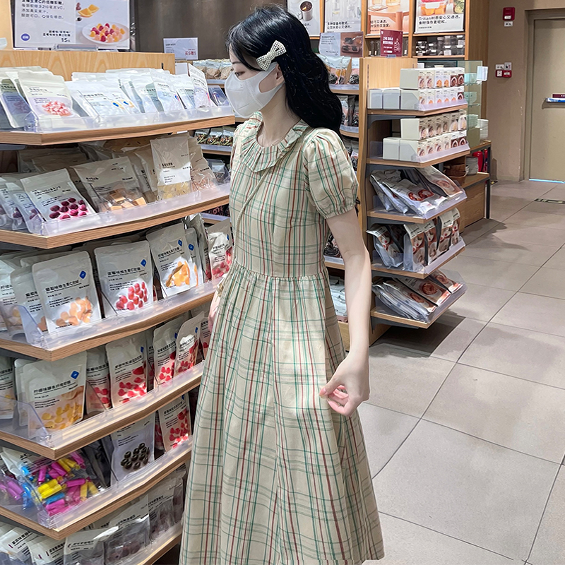 Unique plaid show young sweet gauze dress 2pcs set