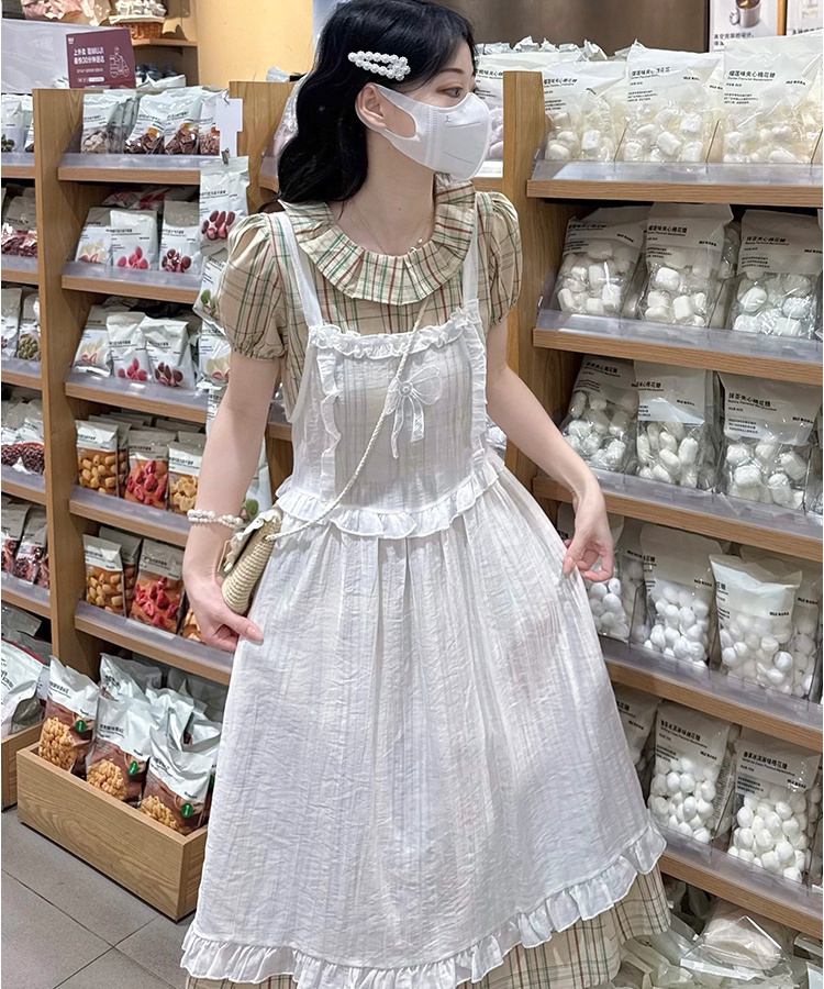 Unique plaid show young sweet gauze dress 2pcs set