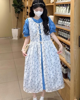 Lace vacation smock blue floral dress 2pcs set