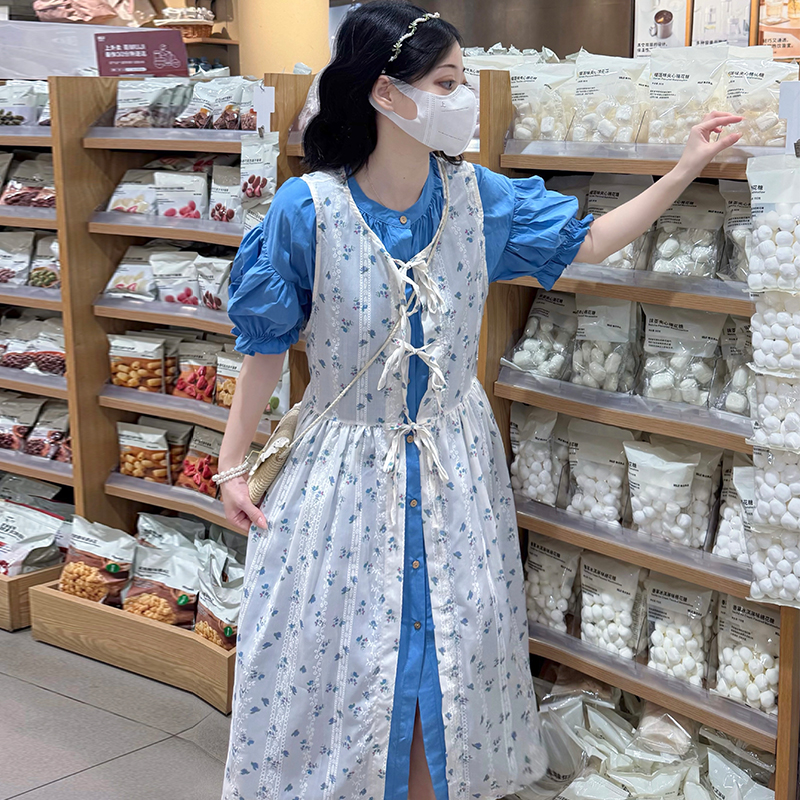 Lace vacation smock blue floral dress 2pcs set
