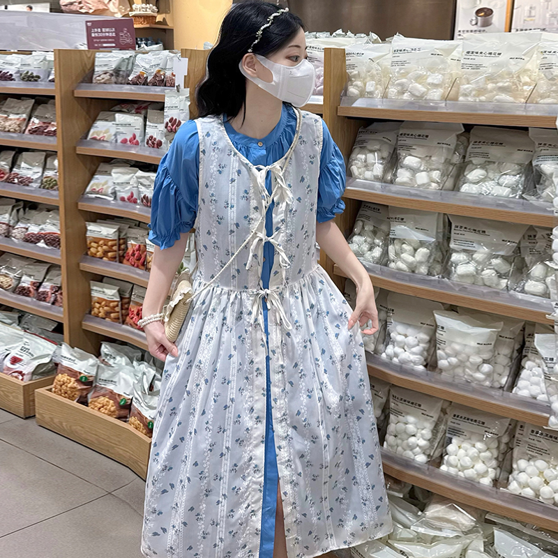 Lace vacation smock blue floral dress 2pcs set