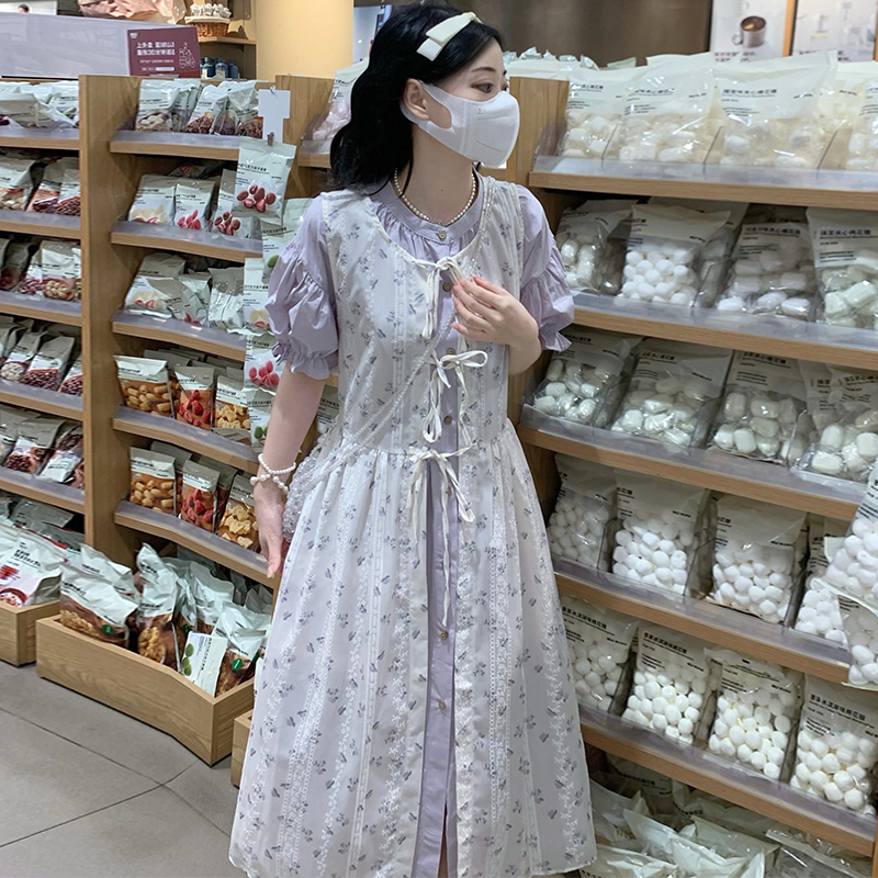 Lace vacation smock blue floral dress 2pcs set